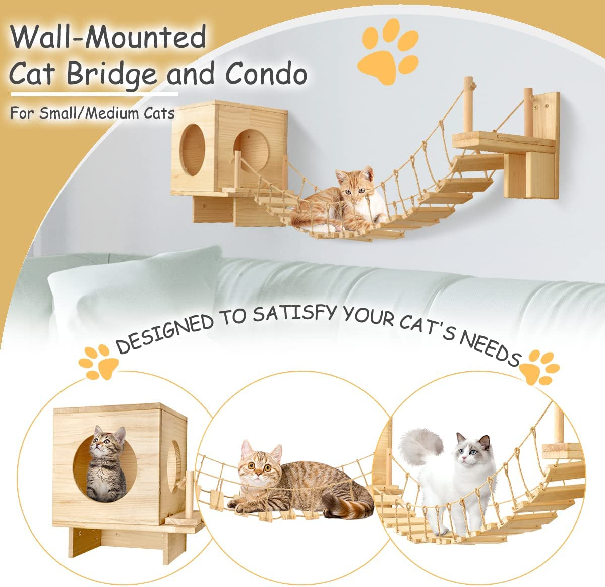 Cat Wall Shelves and Condos for Indoors Cats,Cat Wall Furniture with Solid Wood Climbling Bridge and House for Kitten/Medium Cats to Play and Rest
