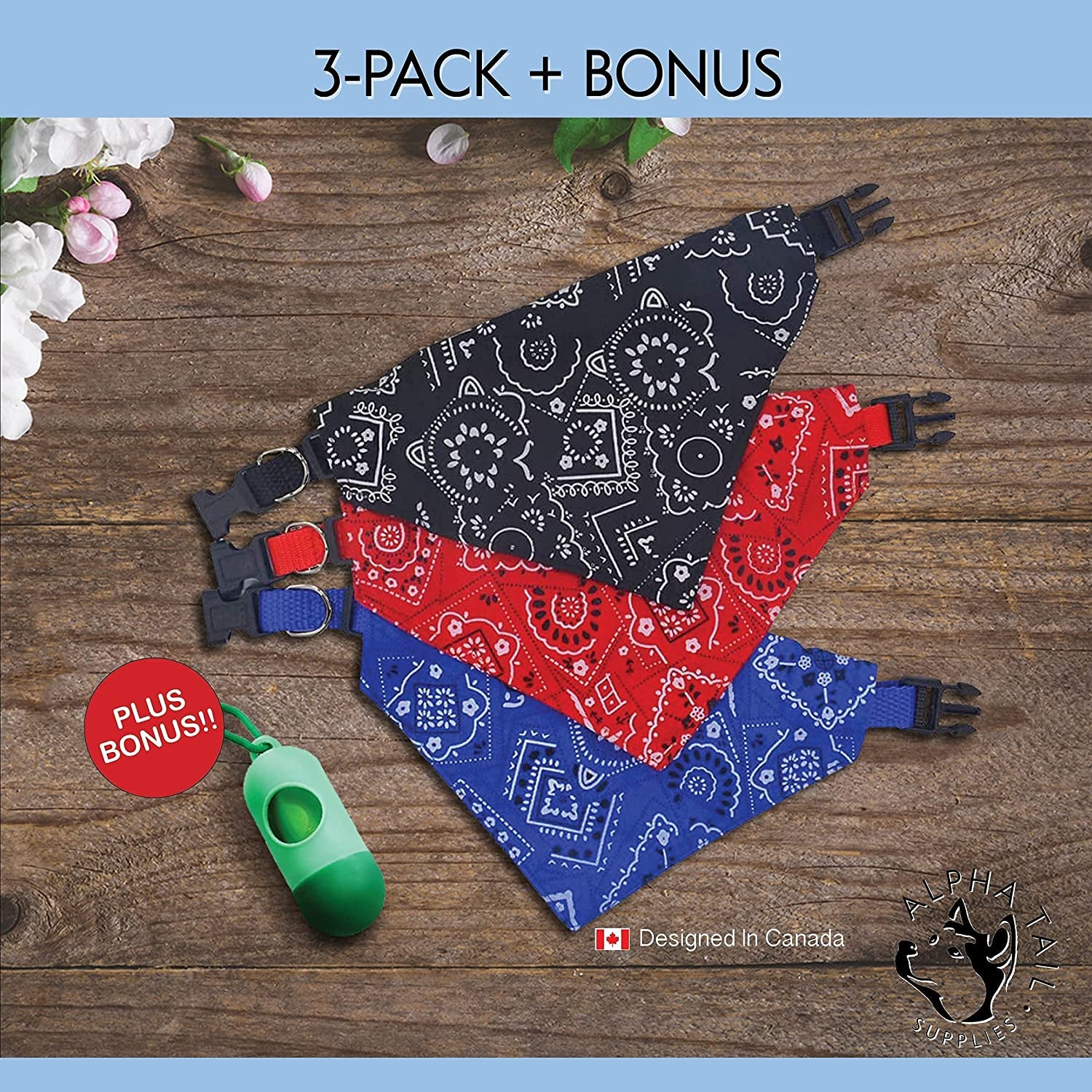 Alpha Tail Supplies Dog Bandana Collar Scarf | for Dog, Puppy & Cat | Small, Medium & Large Adjustable Collars | Handkerchief Colors Include Red, Blue & Black | 1 Poop Bag Roll & 1 Dispenser Animals & Pet Supplies > Pet Supplies > Dog Supplies > Dog Apparel Alpha Tail Supplies   