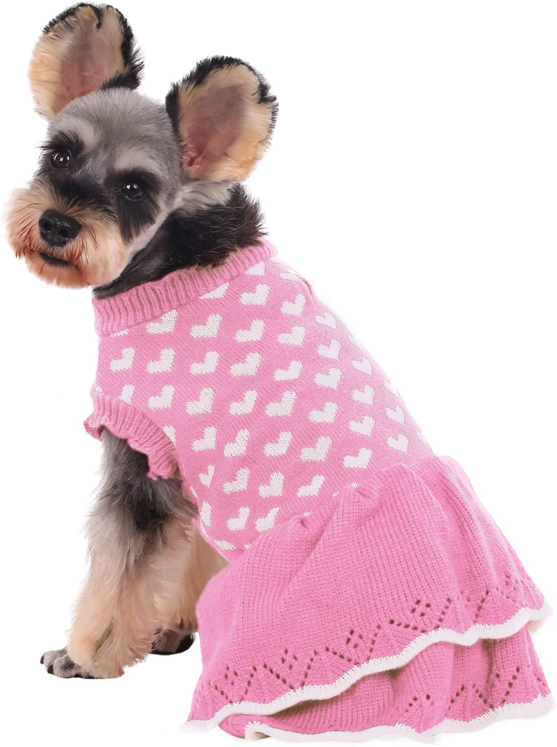 Kuoser Dog Sweater, Dog Heart Sweater Dress Warm Dog Sweaters Knitwear Vest Turtleneck Pullover Dog Coat for Small Medium Dogs Puppies Bulldog for Fall Winter with Leash Hole（Xs-Xl） Animals & Pet Supplies > Pet Supplies > Dog Supplies > Dog Apparel Kuoser Pink X-Large (pack of 1) 