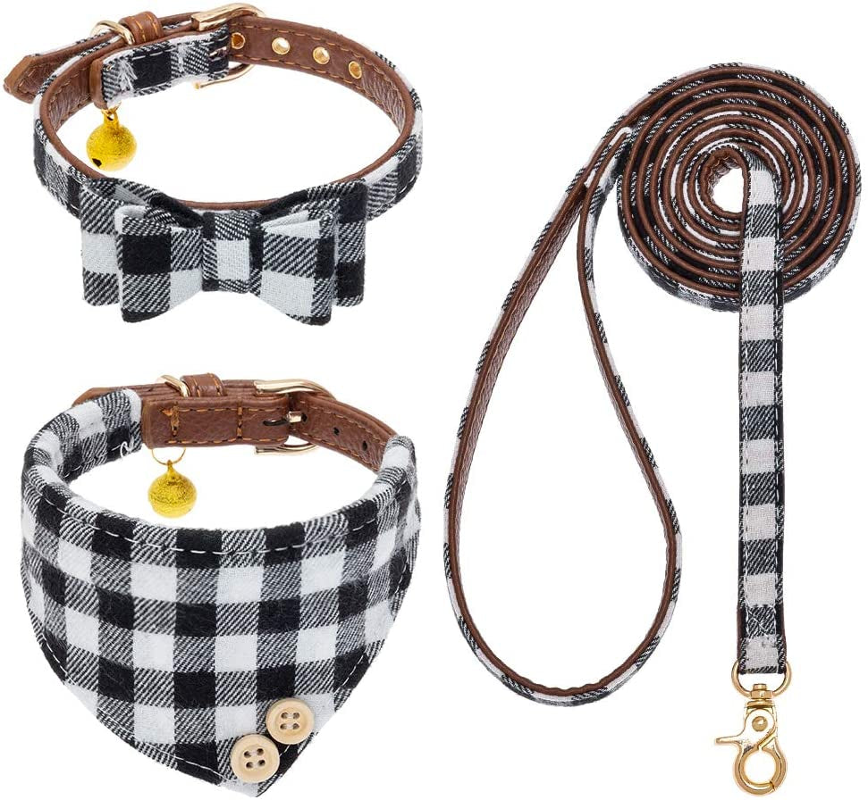 EXPAWLORER Dog Collar and Leash Set - Classic Plaid Dog Bow Tie and Dog Bandana Collar with Bell, Dog Leash Tangle Free, Adjustable Collars for Small Medium Large Dogs Cats, Holiday Ideal Gift Animals & Pet Supplies > Pet Supplies > Dog Supplies > Dog Apparel EXPAWLORER Black & White Small 