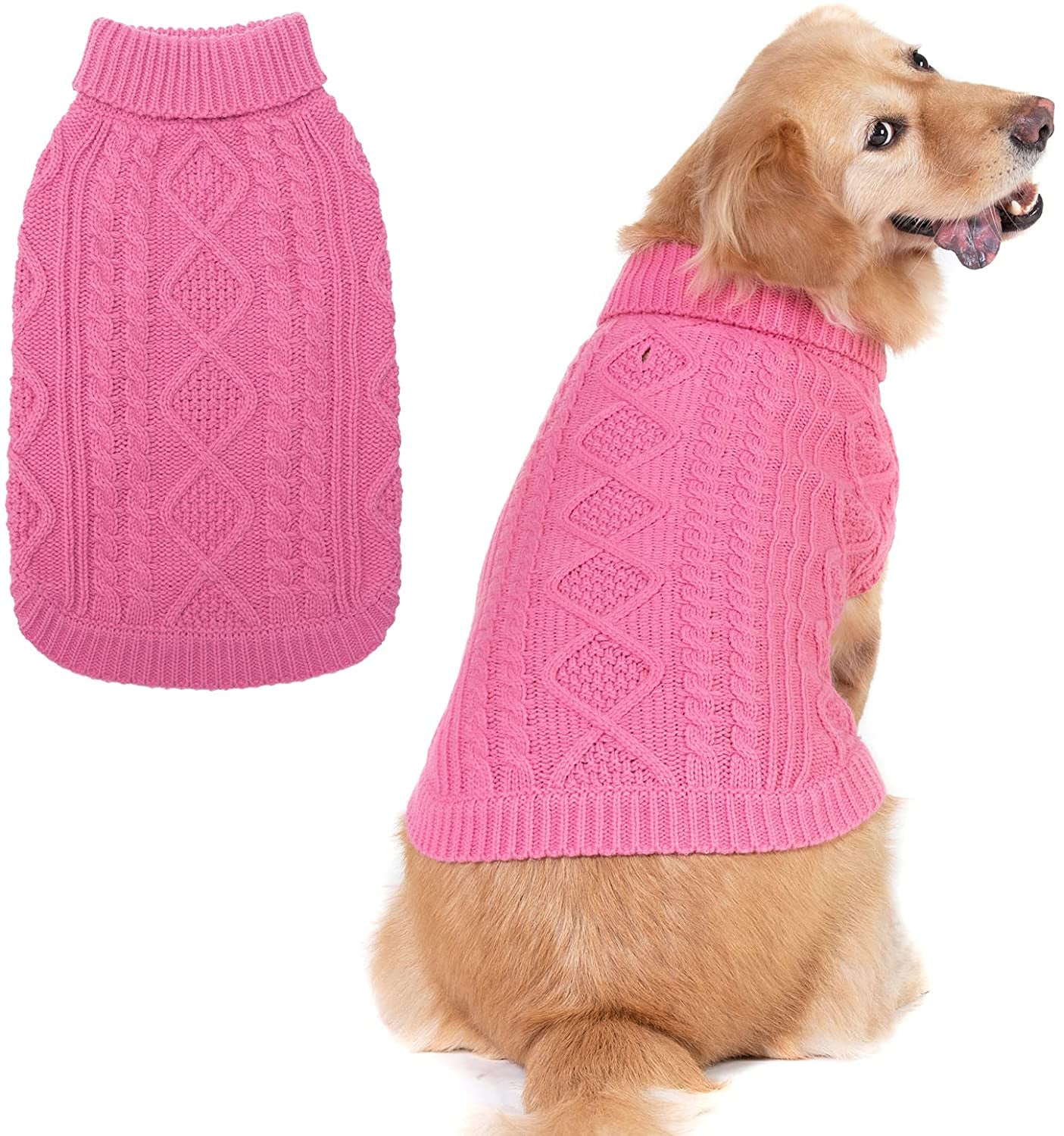 BINGPET Dog Knitted Sweaters - Turtleneck - Classic Cable Knit Dog Jumper Coat Warm Sweartershirts Outfits for Dogs Cats in Autumn Winter Animals & Pet Supplies > Pet Supplies > Dog Supplies > Dog Apparel BINGPET Pink Large 