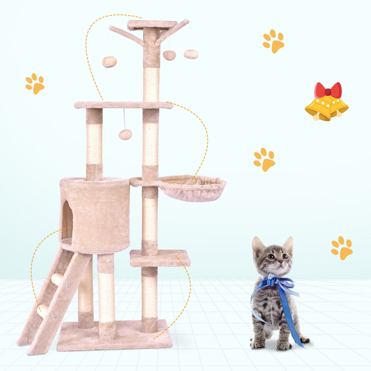 Gymax 56'' Cat Tree Kitten Pet Play House Furniture Condo Scratching Posts Ladder Beige Animals & Pet Supplies > Pet Supplies > Cat Supplies > Cat Furniture Gymax   