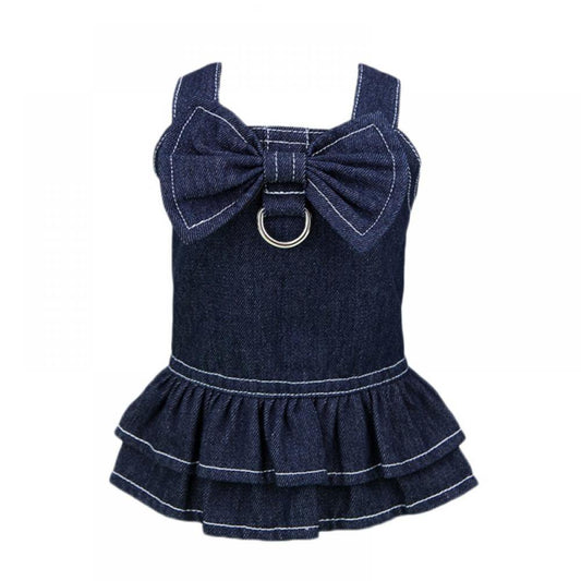 Savlot Dog Denim Big Bow Tie Dress with Harness D-Ring Puppy Pet Clothes Outfit Shirt Costume for Small Dogs Cat Apparel Animals & Pet Supplies > Pet Supplies > Cat Supplies > Cat Apparel Savlot S Small bow tie 