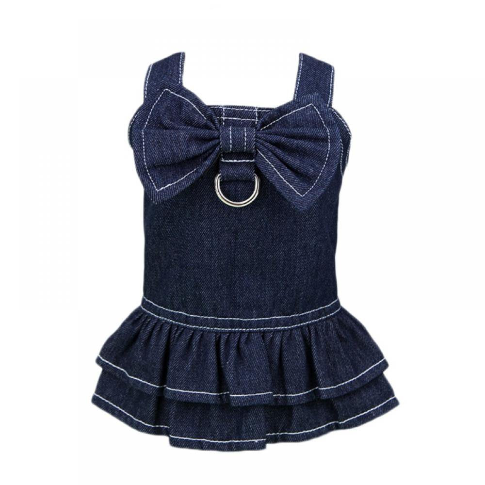Dog Dress Princess Denim Dresses Big Bow Tie with D Ring for Walking Your Dog,Princess for Small Dog Girl, Fashion Simple Puppy Dresses, Pet Clothes Outfits Cat Apparel Animals & Pet Supplies > Pet Supplies > Dog Supplies > Dog Apparel Eshoo L Dark Blue 