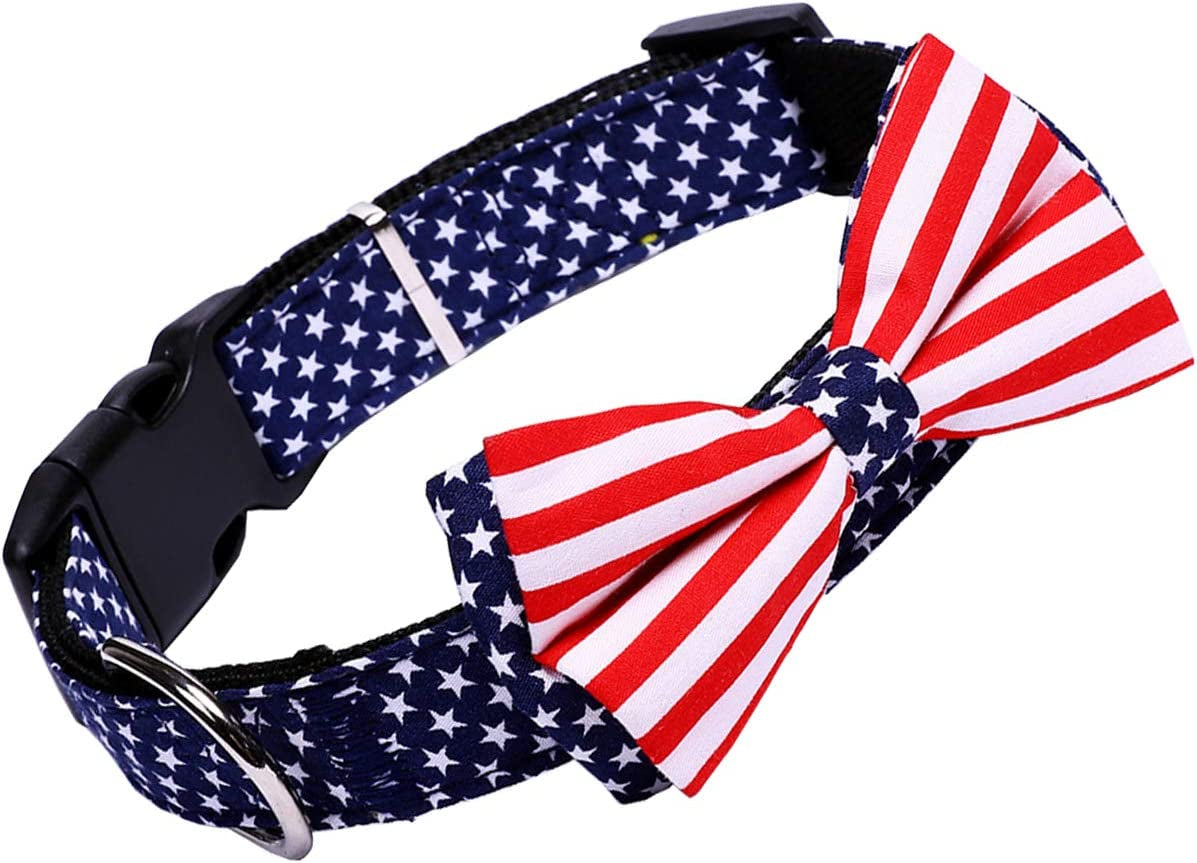 American Flag Bowtie Dog Collar in 3 Different Sizes (Large:Width 2.5Cm, Adjustable 38-60Cm) Animals & Pet Supplies > Pet Supplies > Dog Supplies > Dog Apparel H-Shero Small:width 1.5cm, adjustable 29-39cm  