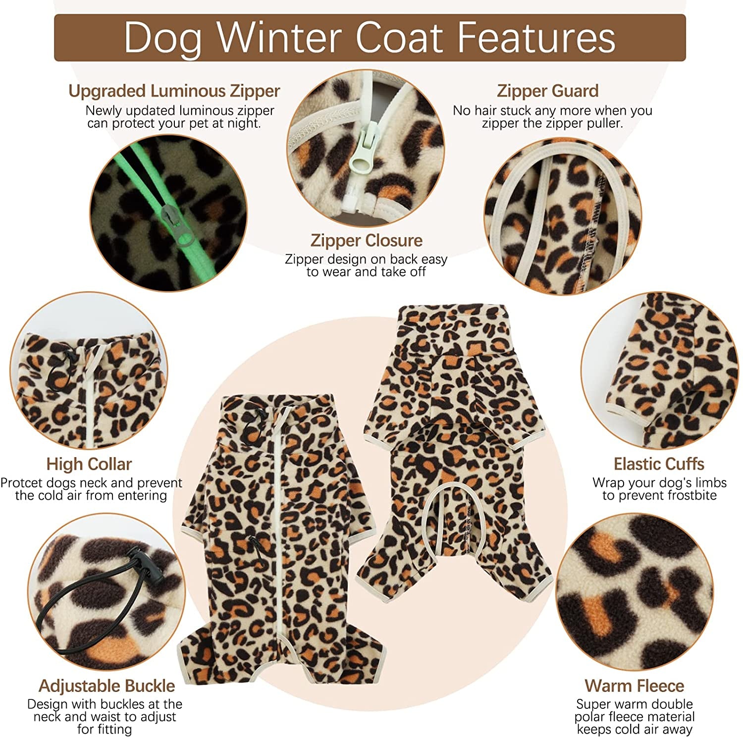 ROZKITCH Dog Winter Coat Soft Fleece Pullover Pajamas, Pet Windproof Warm Cold Weather Jacket Vest with Reflective Zipper, Onesie Jumpsuit Apparel Outfit Clothes for Small Medium Large Dog Brown L Animals & Pet Supplies > Pet Supplies > Dog Supplies > Dog Apparel ROZKITCH   