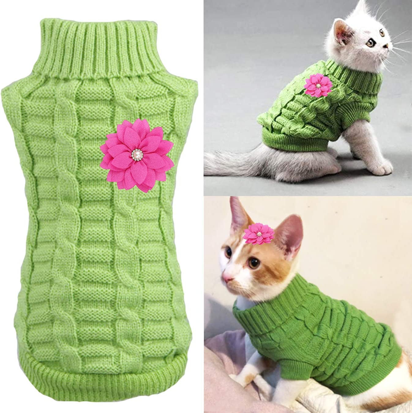 Cat Dog Sweater for Cats and Small Dogs, Warm Soft Cat Dog Turtleneck Braid Plait Knitwear with Fabric Flower Clip Decor (S, Pink) Animals & Pet Supplies > Pet Supplies > Dog Supplies > Dog Apparel Aillion Green Medium 