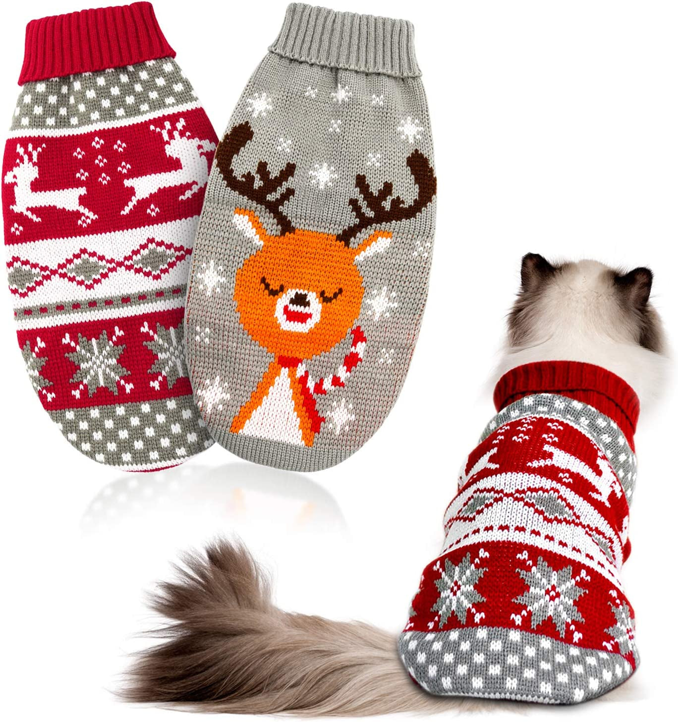 HYLYUN Cat Christmas Sweater 2 Packs - Puppy Christmas Sweater Pet Reindeer Snowflake Sweaters for Kittys and Small Dogs M Animals & Pet Supplies > Pet Supplies > Dog Supplies > Dog Apparel HYLYUN X-Large(Pack of 2)  