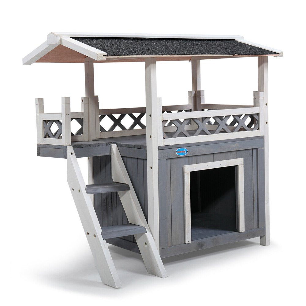 Lowestbest Dog House, Natural Wooden Dog House Home with Steps Balcony Puppy Stairs, Outdoor Weather-Resistant Cat Condo Pet House Animals & Pet Supplies > Pet Supplies > Dog Supplies > Dog Houses Lowestbest   