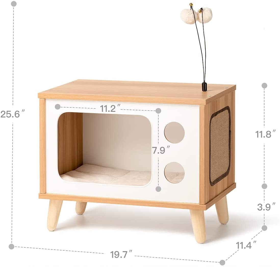 MZDXJ Cat House Wooden Cat Condo Cat Bed Indoor Tv-Shaped Sturdy Large Luxury Cat Shelter Furniture with Cushion Cat Scratcher Bell Ball Toys