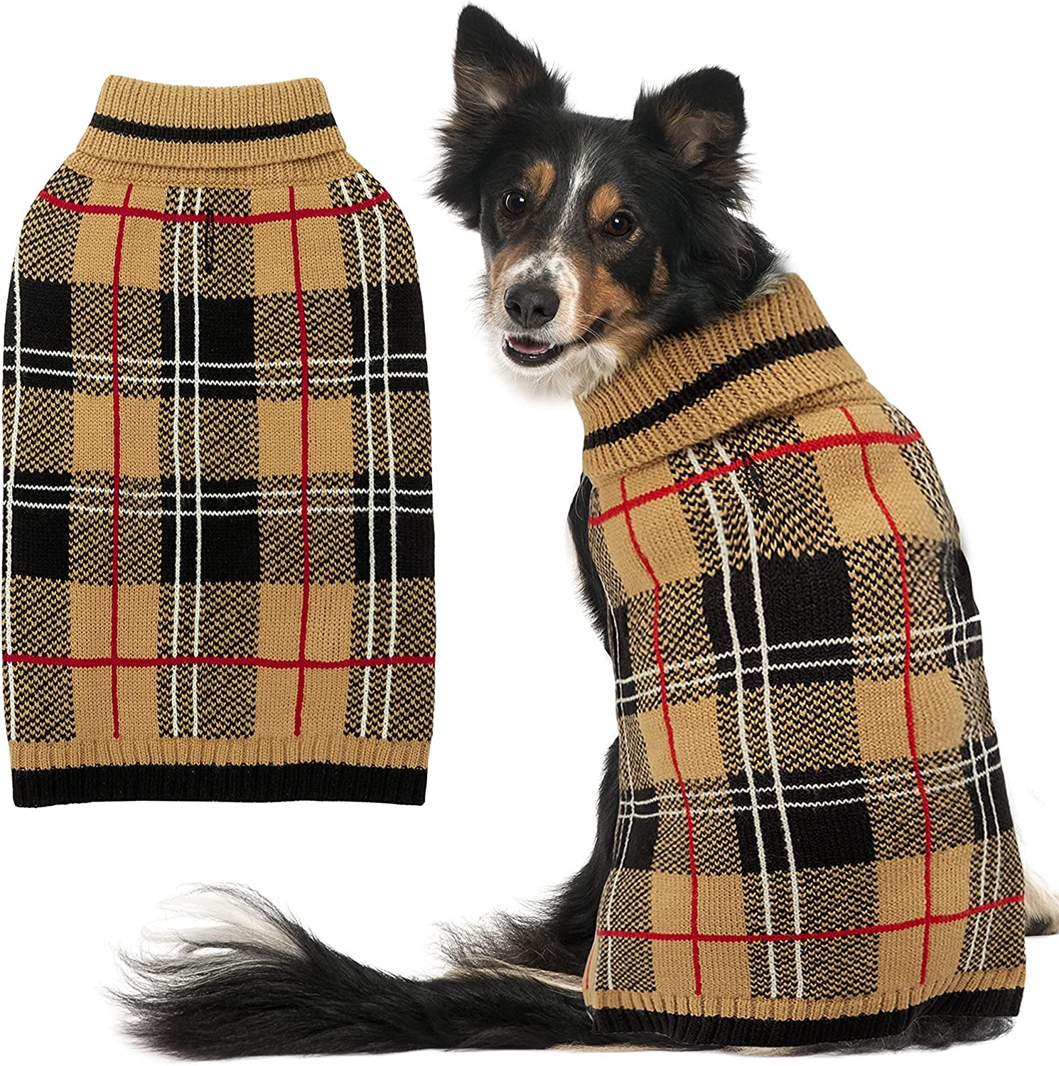 MIMLOB Dog Sweater for Small Medium Large Dogs - Plaid Warm Winter Fall Dog Sweater Vest - Knitted Turtleneck Pullover Cold Weather Dog Clothes with Leash Hole (S-XL) Animals & Pet Supplies > Pet Supplies > Dog Supplies > Dog Apparel MIMLOB L: neck 17"-22", chest 28"-30.5"  