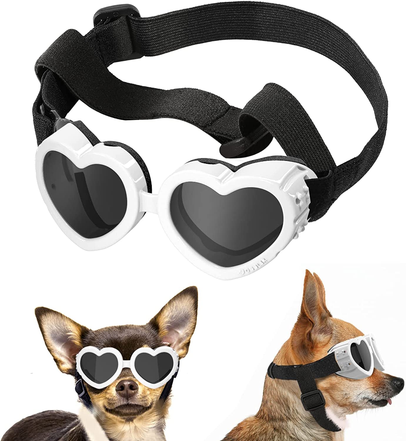 Lewondr Small Dog Sunglasses UV Protection Goggles Eye Wear Protection with Adjustable Strap Doggy Heart Shape Anti-Fog Sunglasses for Pet Dogs Sun Glasses Doggie Windproof Glasses, Pink Animals & Pet Supplies > Pet Supplies > Dog Supplies > Dog Apparel Lewondr White Heart Shape 