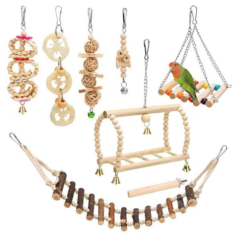 Meidiya 8Pcs Natural Wood Bird Swing Toys,Durable Climbing Rope Ladder Chewing Toys with Bells Bird Perch Toys for Small Birds,Budgerigar,Parakeet,Conure,Cockatiel,Mynah,Lovebird,Finch Animals & Pet Supplies > Pet Supplies > Bird Supplies > Bird Ladders & Perches Meidiya   