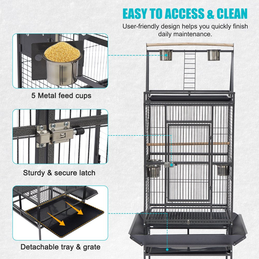 Kinbor 68" Bird Cage Opening Play Top Perch with Rolling Stand Castor Wheels Feeding Bowl for Parrot Cockatiel Finch Pet House Black Animals & Pet Supplies > Pet Supplies > Bird Supplies > Bird Cages & Stands Kinbor   