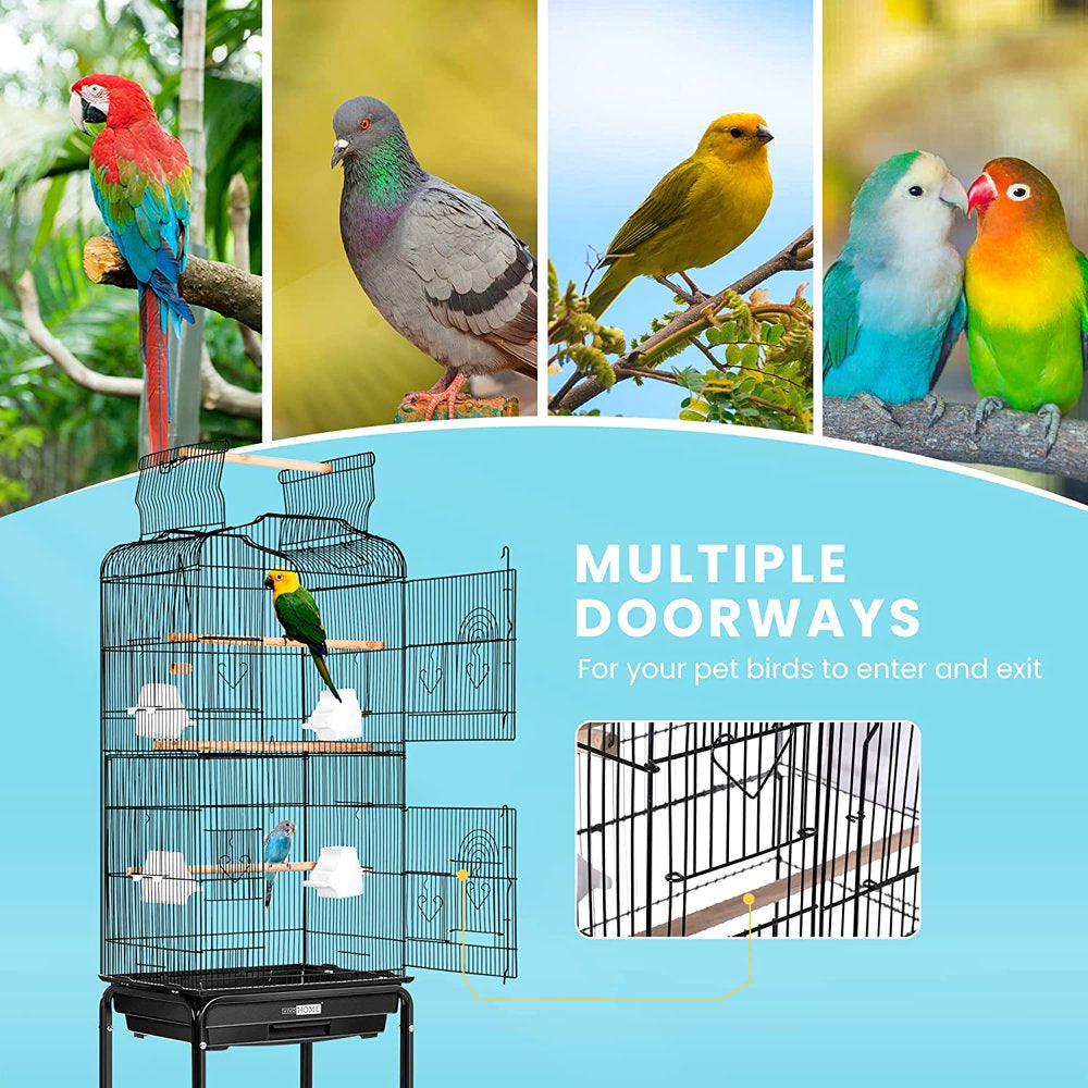 Khorne59.8 Inch Wrought Iron Bird Cage with Play Top and Rolling Stand for Parrots Conures Lovebird Cockatiel Parakeets Black Animals & Pet Supplies > Pet Supplies > Bird Supplies > Bird Cages & Stands Khorne   