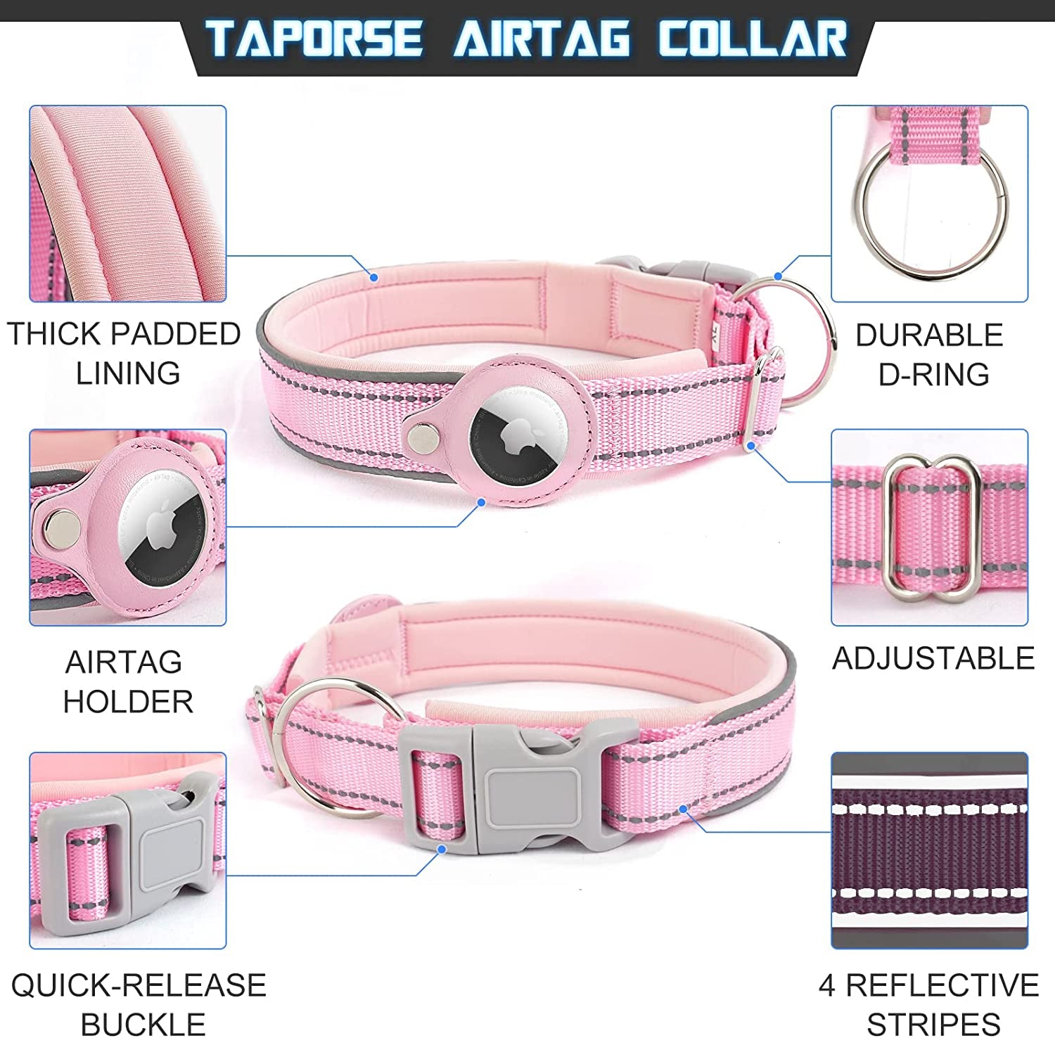 Reflective Airtag Dog Collar, Heavy Duty Apple Air Tag Dog Collar, Padded Pet Collar with 2022 Updated Airtag Dog Collar Holder Case, Adjustable for Small Medium Large Breeds, Pink Small