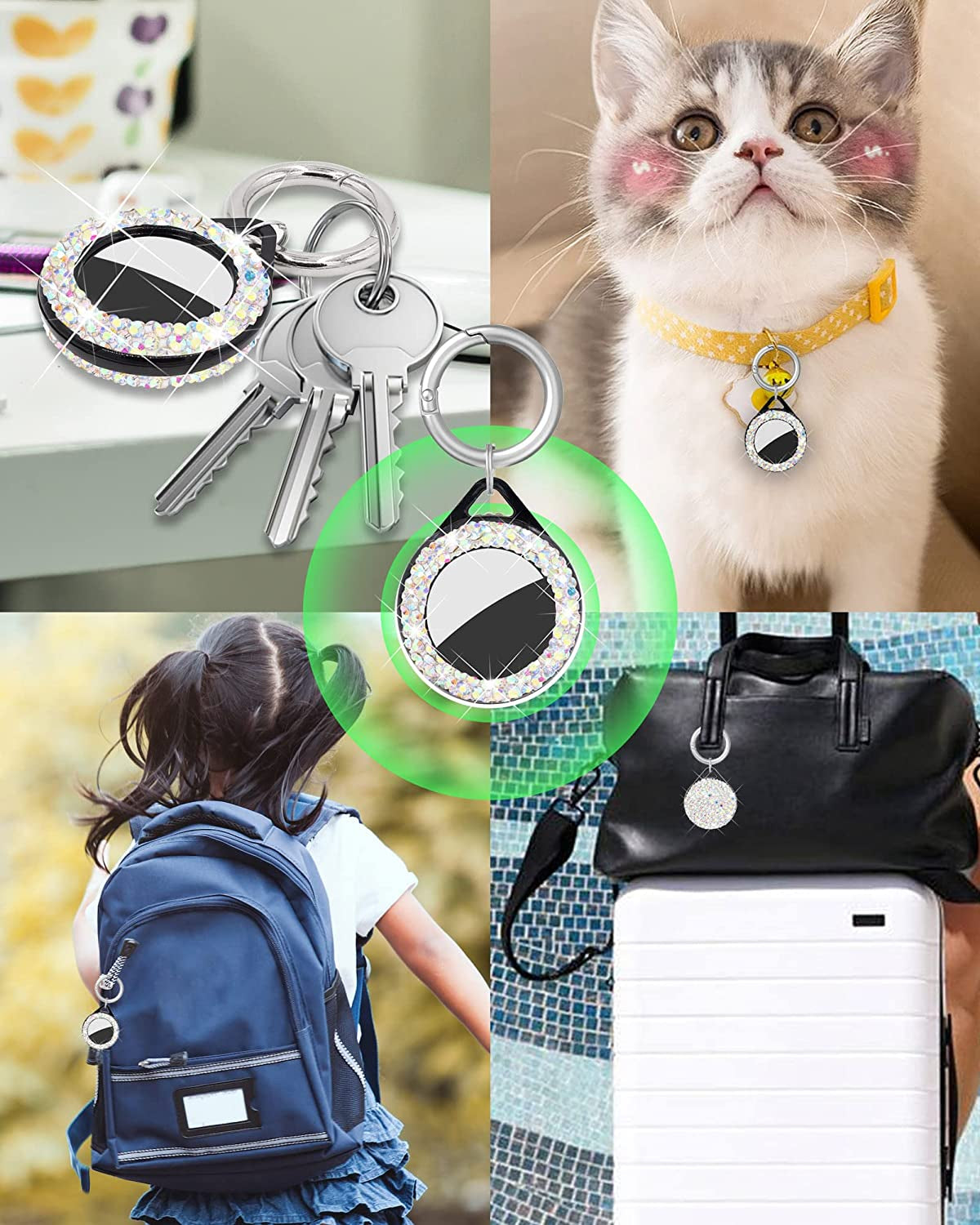 Bling Case Compatible with Apple Airtags, Rhinestone Air Tag Finder Holder Case Crystal Airttag Accessories with Keychain for Key Wallet Luggage Dog Cat Pet Collar (Multicolor)