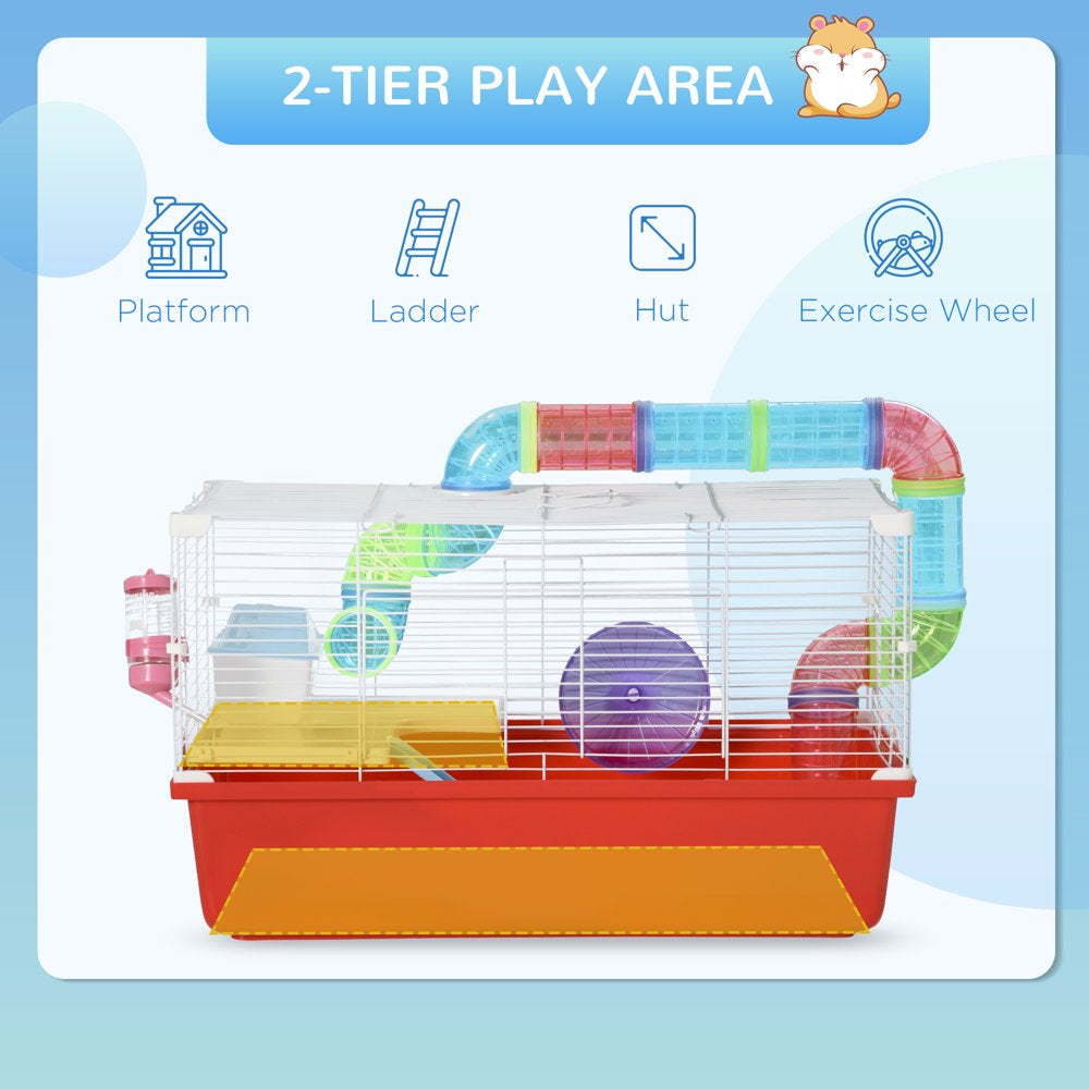 Pawhut Large Hamster Cage and Habitat, 2-Level Steel Rat Cage, Small Animal House, with Tube Tunnels, Exercise Wheel, Water Bottle, Food Dish, Hut, Ladder, Top Handle, 23" X 14" X 14", Red Animals & Pet Supplies > Pet Supplies > Small Animal Supplies > Small Animal Habitats & Cages Aosom LLC   