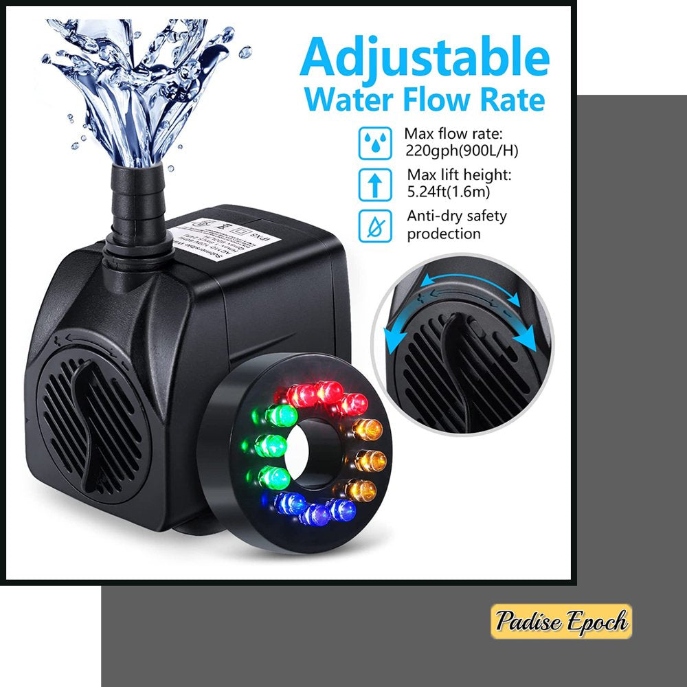 Fountain Pump with LED Light, 220GPH(15W 900L/H) Submersible Water Pump, Durable Outdoor Fountain Water Pump with 6.5Ft Tubing (ID X 1/3-Inch) , 3 Nozzles for Aquarium, Pond, Fish Tank Animals & Pet Supplies > Pet Supplies > Fish Supplies > Aquarium & Pond Tubing KOL PET   