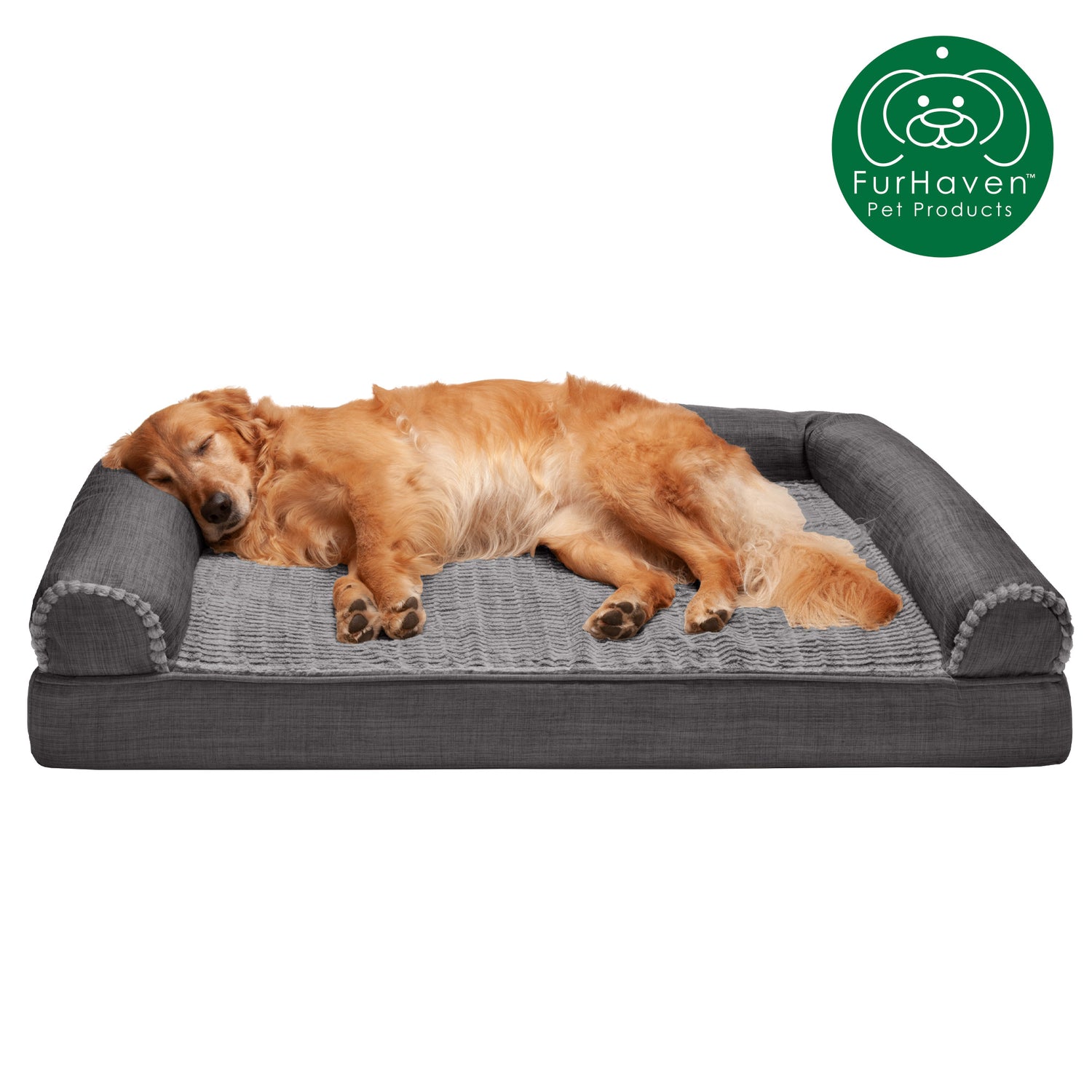 Furhaven Pet Products Cooling Gel Memory Foam Orthopedic Luxe Fur & Performance Linen Sofa-Style Couch Pet Bed for Dogs & Cats, Woodsmoke, Jumbo Animals & Pet Supplies > Pet Supplies > Cat Supplies > Cat Beds FurHaven Pet Orthopedic Foam Jumbo Charcoal