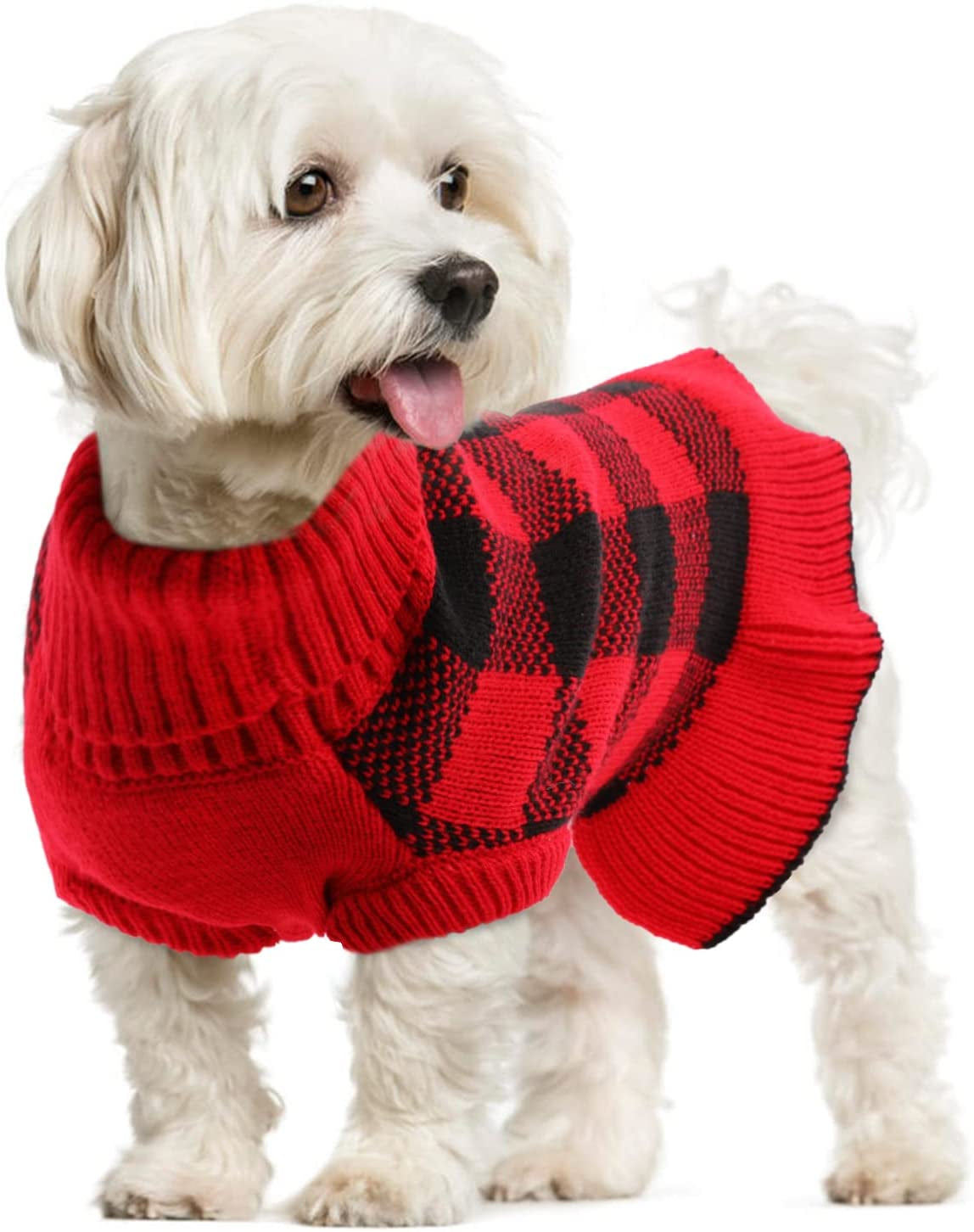 Dog Sweater Dress, Turtleneck Pullover Knitwear Warm Girl Dogs Coat for Fall Winter Cute Classic Plaid Pattern Princess Style Knit Clothes for Small Medium Female Dogs Puppy Leash Hole(Orange Blue) Animals & Pet Supplies > Pet Supplies > Dog Supplies > Dog Apparel LeLePet Red Medium 