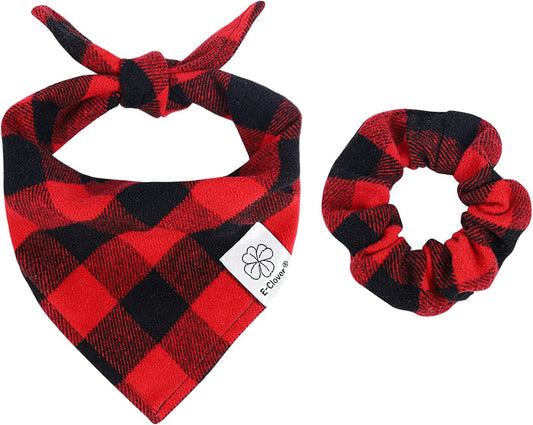 Dog Bandanas & Matching Scrunchie Set Red Black Triangle Scarf Bib for Medium Large Dogs Puppy Boy Girl Pet Owner Costume