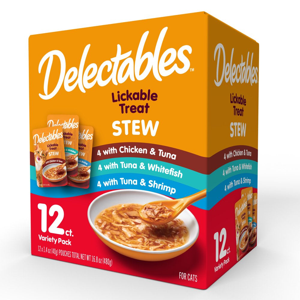 Hartz Delectables Stew Lickable Wet Cat Treats Variety Pack, 12 Pack Animals & Pet Supplies > Pet Supplies > Cat Supplies > Cat Treats Hartz Mountain Corp Chicken/Tuna, Tuna/Whitefish, & Tuna/Shrimp 12 