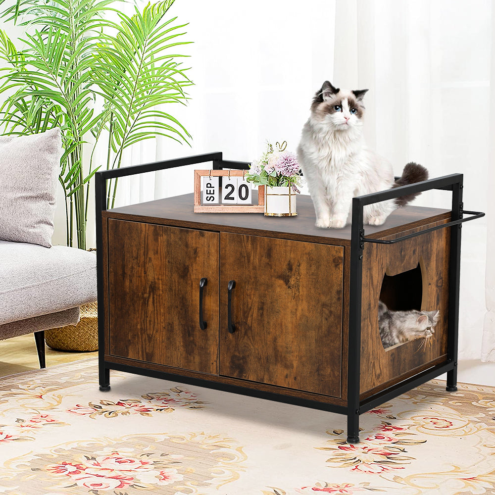 SESSLIFE Cat Litter Box Enclosure, Wood Hidden Cat Litter Box Furniture with Double Doors, Spacious Storage, Dark Brown Cat House Washroom Storage Bench, TE2161 Animals & Pet Supplies > Pet Supplies > Cat Supplies > Cat Furniture SESSLIFE Rustic Brown  