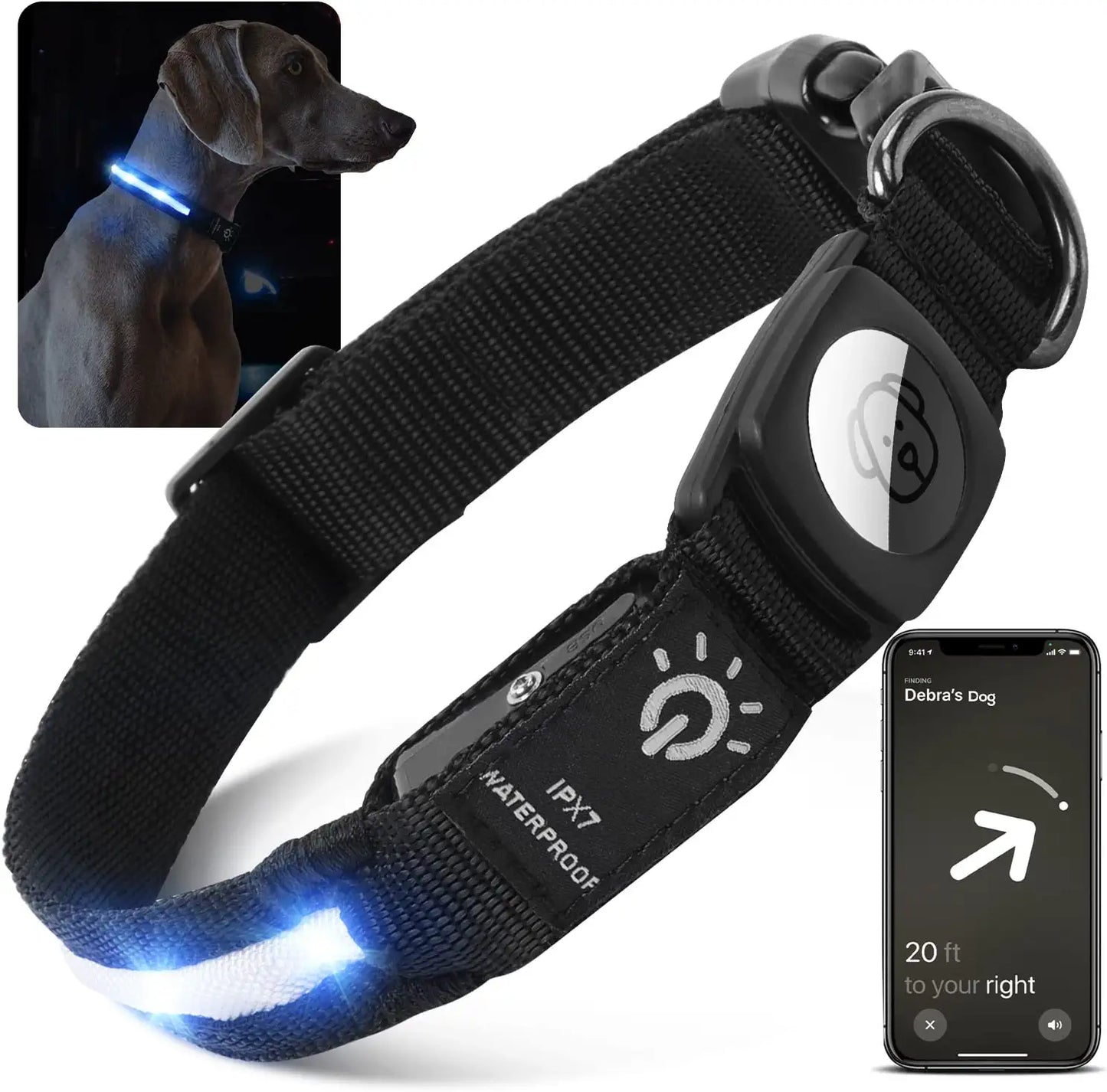 LED Air Tag Dog Collar - Light up Dog Collar[Ipx7 Waterproof] with Apple Air Tag Holder Case, Durable Rechargeable Lighted Air Tag Dog Collar Accessories for Puppy Dogs(S, Black)