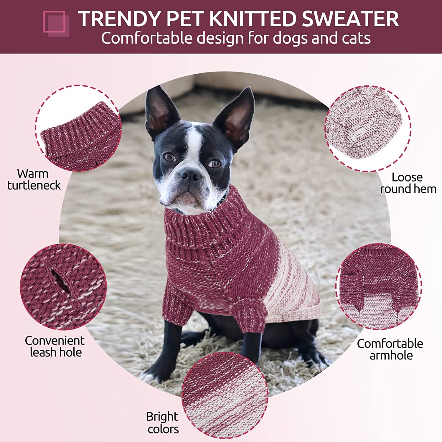 Queenmore Knitted Pullover Dog Sweater, Turtleneck Pet Cat Sweater, Cold Weather Puppy Sweater Stitching Knitwear with Leash Hole for Small Medium Dogs Animals & Pet Supplies > Pet Supplies > Dog Supplies > Dog Apparel Queenmore   