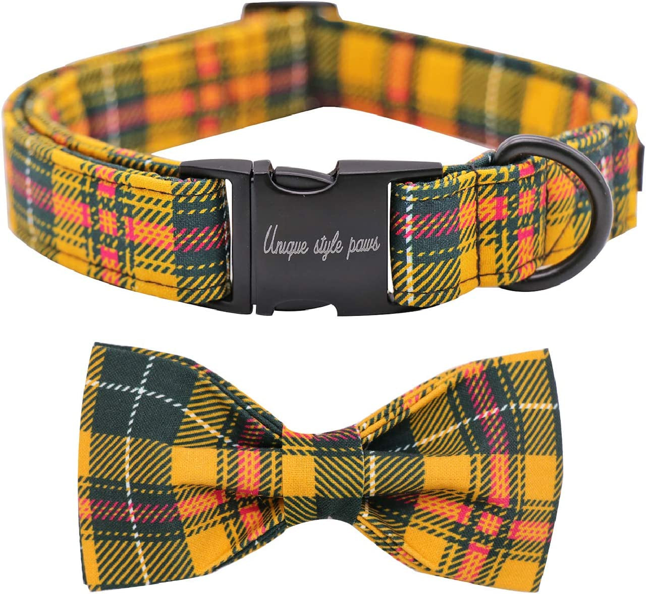 Unique Style Paws Dog Collar with Bow, Bowtie Dog Collar Adjustable Collars for Small Medium Large Dogs and Cats Animals & Pet Supplies > Pet Supplies > Dog Supplies > Dog Apparel Unique style paws Yellpw Grid X-Large (Pack of 1) 