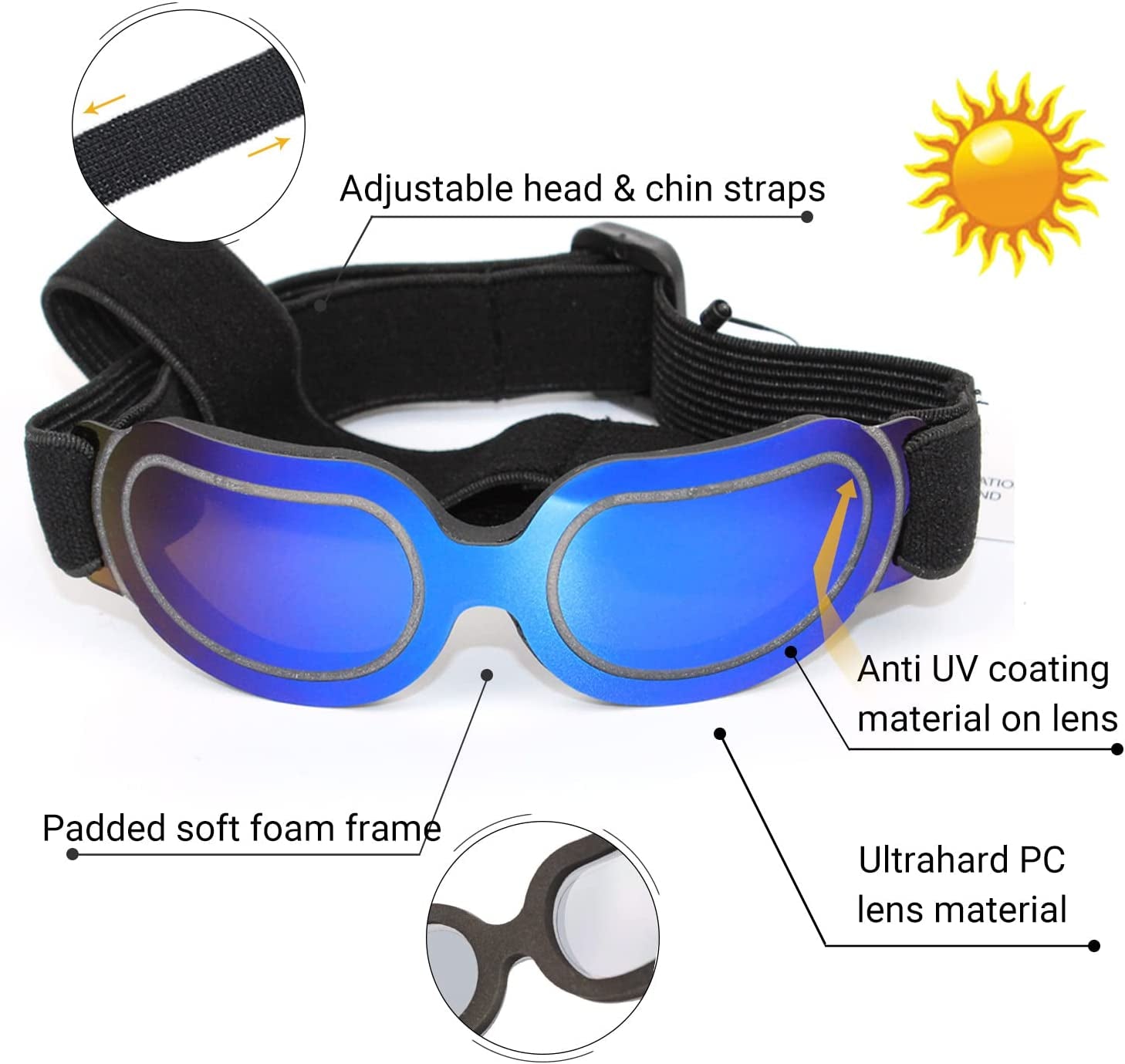 ENJOYING Dog Goggles Small Dog Sunglasses UV Protection Big Cat Glasses Fog/Windproof Outdoor Doggy Eye Protective with Adjustable Band for Small Dogs, Blue Animals & Pet Supplies > Pet Supplies > Dog Supplies > Dog Apparel Enjoying   