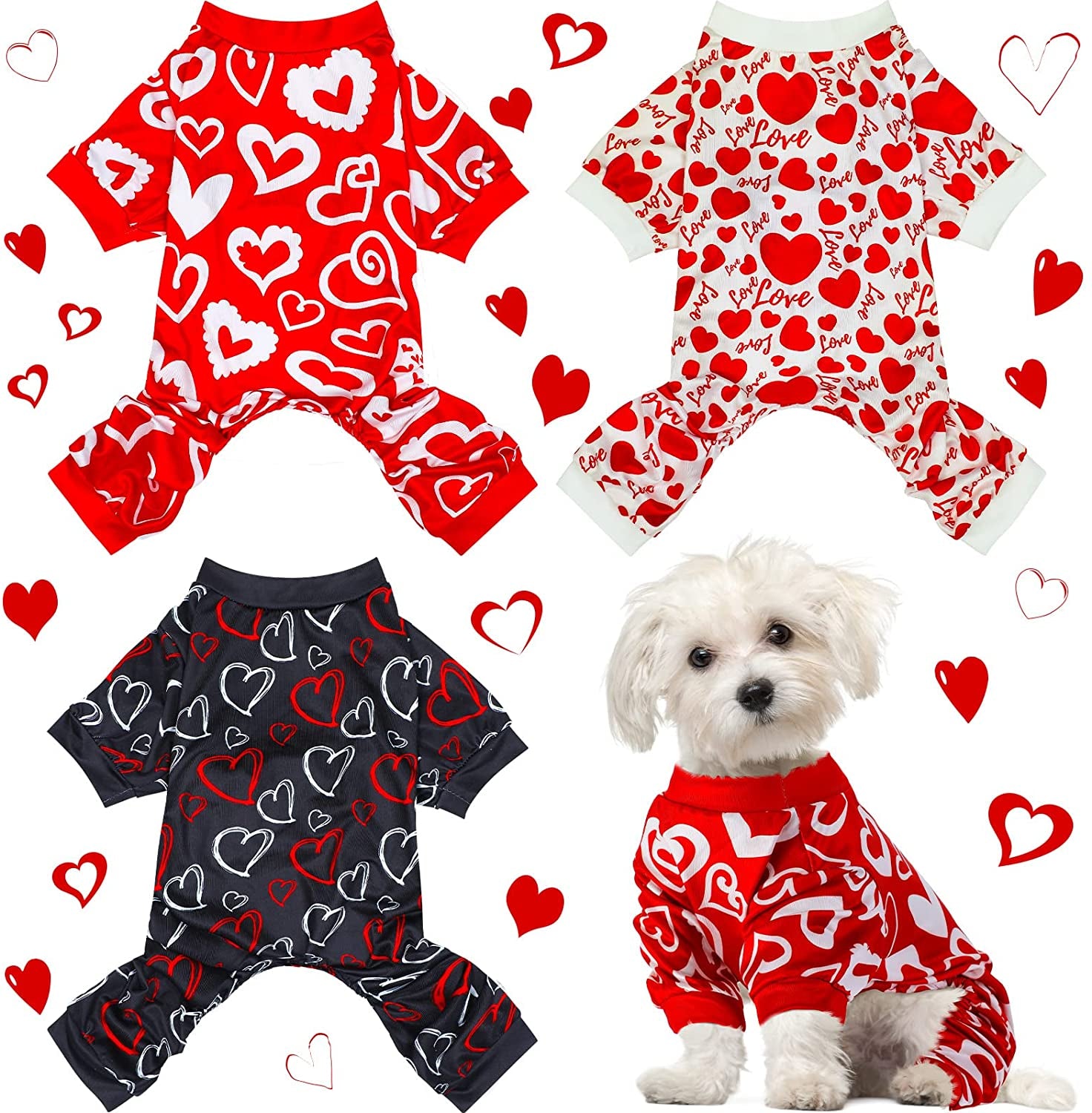 3 Pieces Valentines Day Pajamas Dog Onesies Dog Jumpsuits Dog Birthday Costume Heart Pattern Dog Clothes Dog Cartoon Apparel for Pet Puppy Dog Cat(S(Fit 3.3-5.5Lbs)) Animals & Pet Supplies > Pet Supplies > Dog Supplies > Dog Apparel Weewooday M(fit 5.5-7.7lbs)  