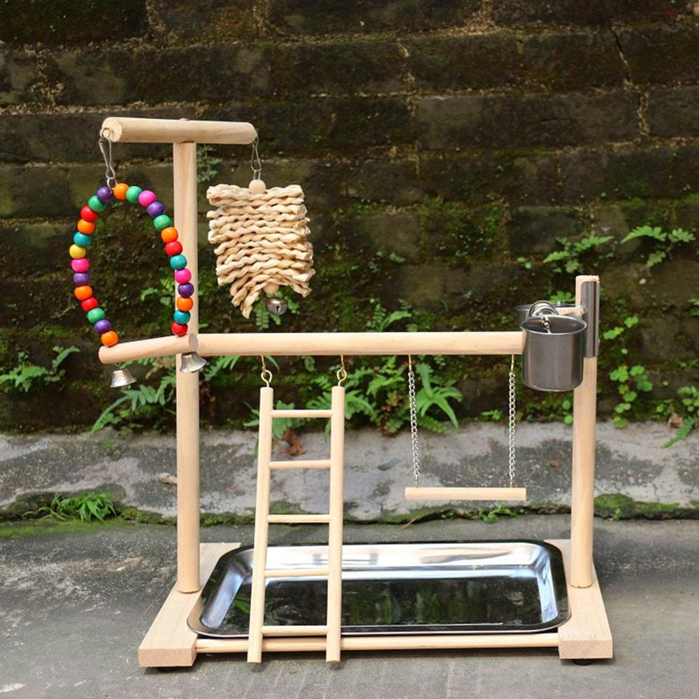 Pet Playstand Bird Playground with Feeder Cups Bells Bird Playpen Solid Wood Perch Bird Gym Climbing Ladder Chewing Parakeet Animals & Pet Supplies > Pet Supplies > Bird Supplies > Bird Ladders & Perches perfeclan   