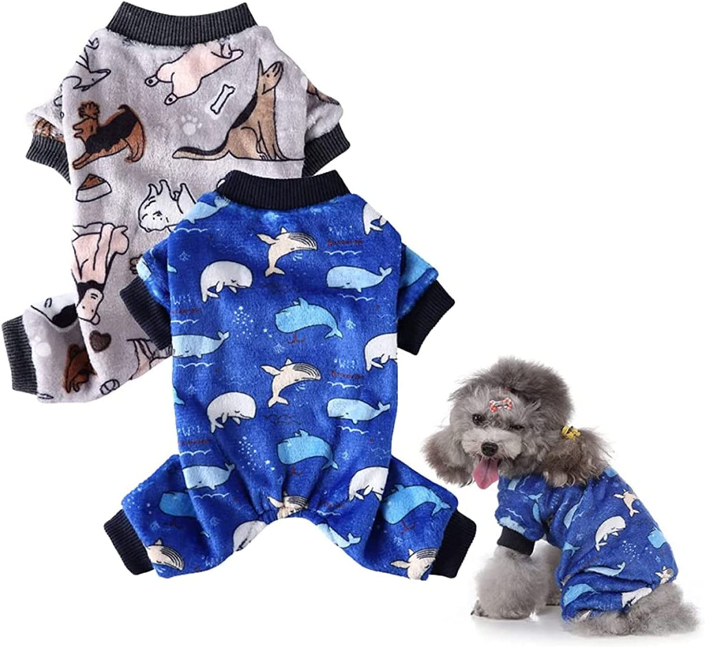 2 Pack Dog Pajamas for Small Dogs Boy Girl Fleece Puppy Pjs Jammies 4 Leg Dog Clothes for Chihuahua Yorkie Winter Warm Onesies Jumpsuit Clothing for Pet Dogs Male Female (Medium Bust 14.5") Animals & Pet Supplies > Pet Supplies > Dog Supplies > Dog Apparel Kosiyi Whale Blue + Dog Grey X-Small (1-2 Ib) 