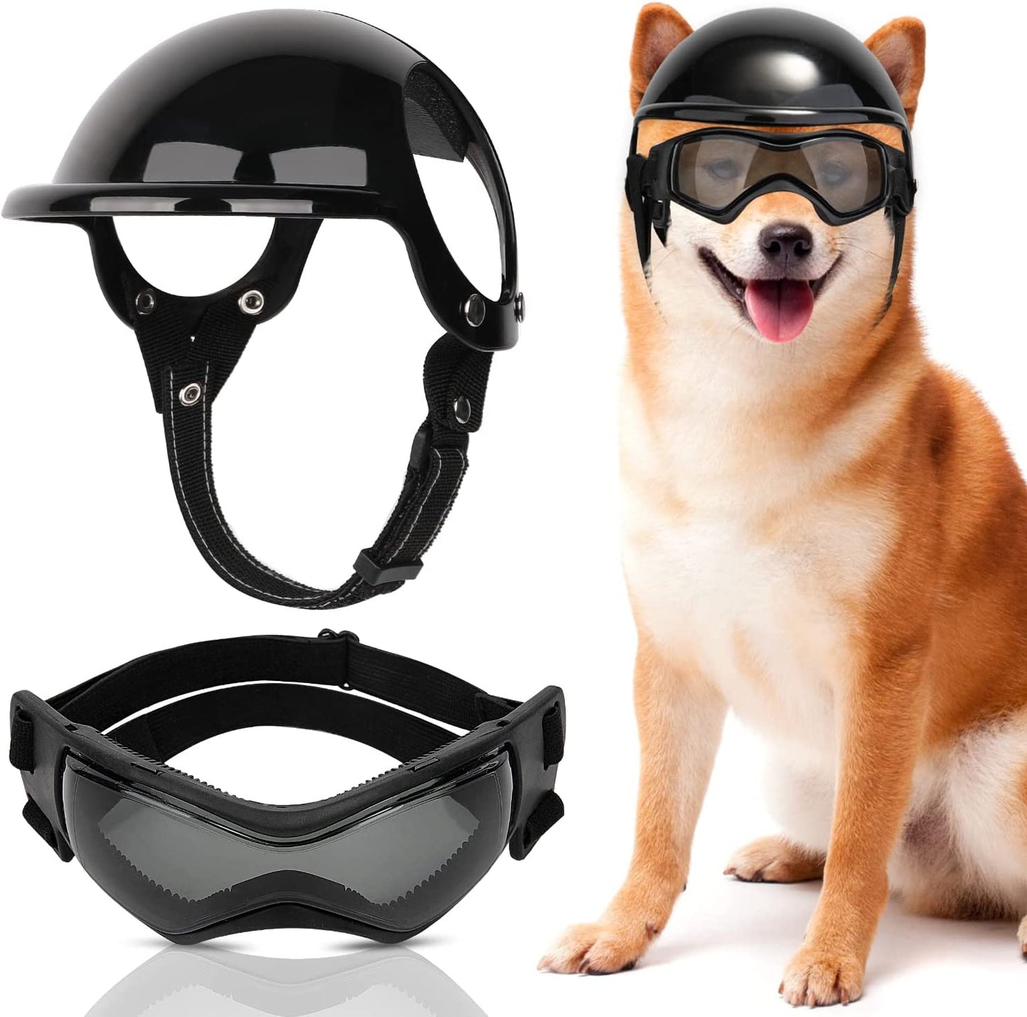 Slowton Dog Helmet and Goggles for Small Dogs - UV Protection Doggy Sunglasses Dog Glasses Pet Motorcycle Helmet Hat with Ear Holes Adjustable Belt Safety Hat for Puppy Riding (Black, Small) Animals & Pet Supplies > Pet Supplies > Dog Supplies > Dog Apparel SlowTon Medium  