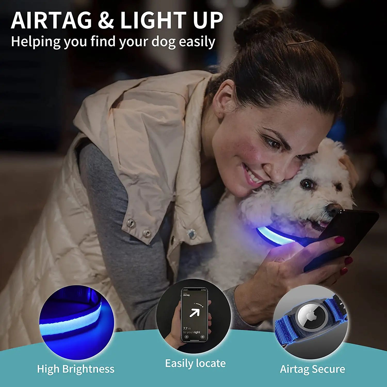 LED Airtag Dog Collar, FEEYAR Air Tag Dog Collar [IPX7 Waterproof], Light up Dog Collars with Apple Airtag Holder Case, Rechargeable Lighted Dog Collar for Small Medium Large Dogs [Blue][Size S] Electronics > GPS Accessories > GPS Cases FEEYAR   