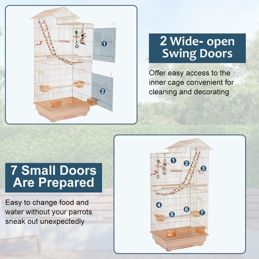 Dkelincs 39 Inch Big Birdcage Study Parakeet Cage Aviary with Accessories Roof Top Flight Parrot Cage with Ladder & Swing for Parakeet, Cockatiels, Parrots, Almond Animals & Pet Supplies > Pet Supplies > Bird Supplies > Bird Cage Accessories Dkeli   