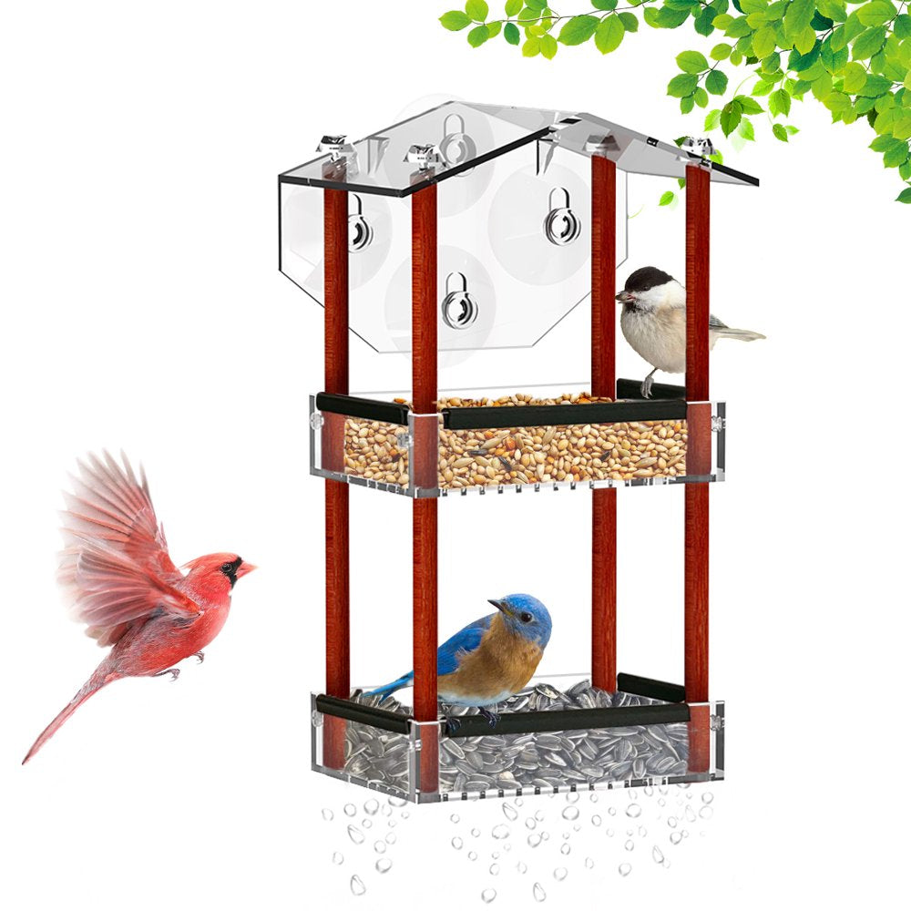 HHXRISE Window Bird Feeder with Strong Suction Cups, Outdoor Acrylic Bird House with 2 Tiers Seed Tray, Large Weatherproof Birdfeeder for Wild Birds, Finch, Cardinal, and Bluebird, Brown Animals & Pet Supplies > Pet Supplies > Bird Supplies > Bird Food HHXRISE Red  