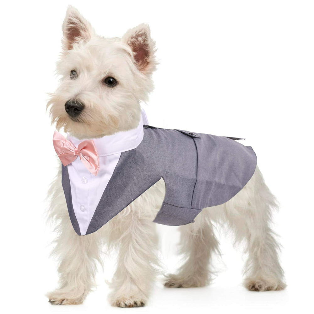 QBLEEV Dog Formal Tuxedo Suit for Medium Large Dogs，For Costume Wedding Party Outfit with Detachable Collar，Elegant Dog Apparel Bowtie Shirt and Bandana Set for Dress-Up Cosplay Holiday Wear Animals & Pet Supplies > Pet Supplies > Dog Supplies > Dog Apparel QBLEEV S Gray 
