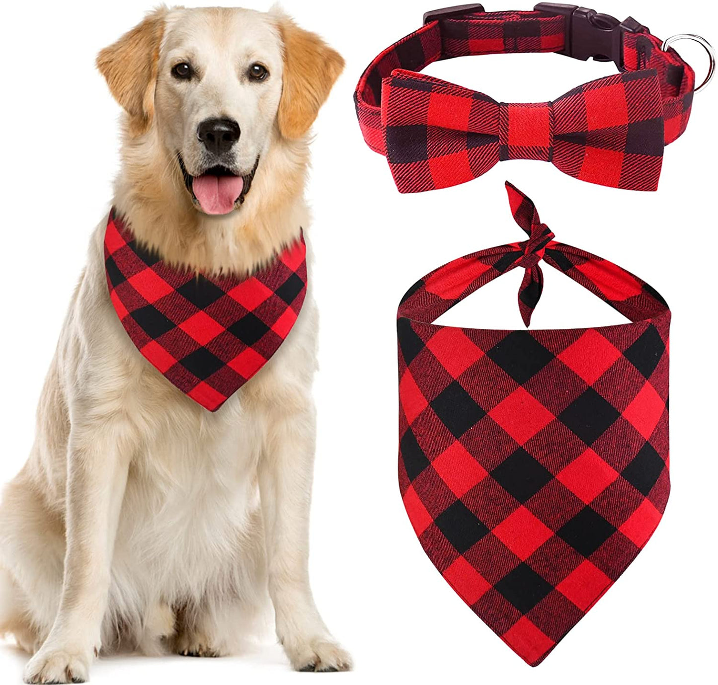 Malier Christmas Dog Bandana and Collar Set Plaid Pattern Dog Scarf Triangle Bibs Kerchief Adjustable Collars with Bow Tie Pet Costume Accessories for Dogs Pets Animals & Pet Supplies > Pet Supplies > Dog Supplies > Dog Apparel Malier Red & Black Plaid Large 