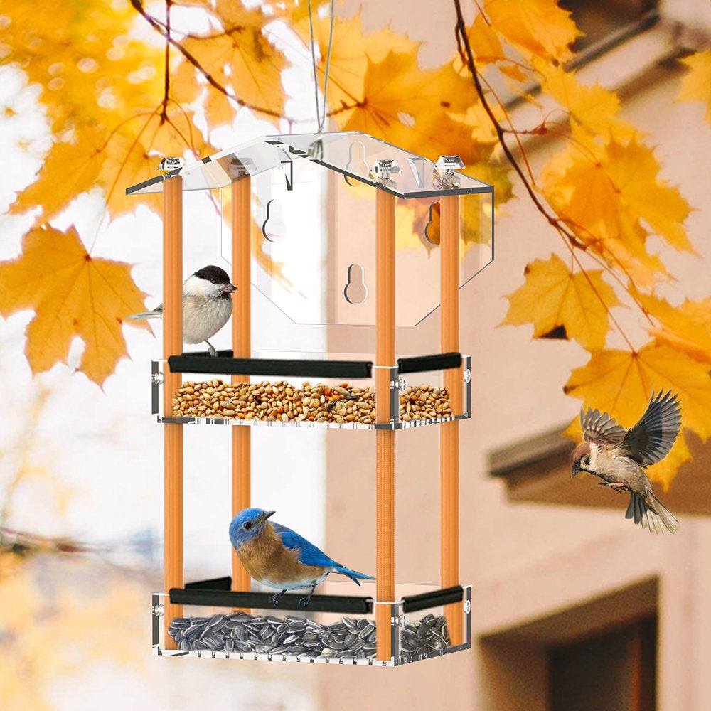 HHXRISE Window Bird Feeder with Strong Suction Cups, Outdoor Acrylic Bird House with 2 Tiers Seed Tray, Large Weatherproof Birdfeeder for Wild Birds, Finch, Cardinal, and Bluebird, Brown Animals & Pet Supplies > Pet Supplies > Bird Supplies > Bird Food HHXRISE   