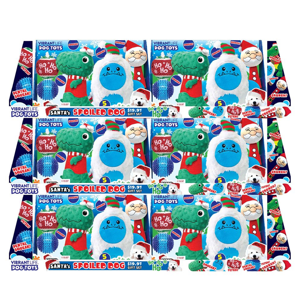 Vibrant Life Santa'S Spoiled Dog Toy 5-Piece Gift Set for Christmas, Five Fetch & Squeak Dog Toys - Blue Animals & Pet Supplies > Pet Supplies > Dog Supplies > Dog Toys Little Gifts Inc.   