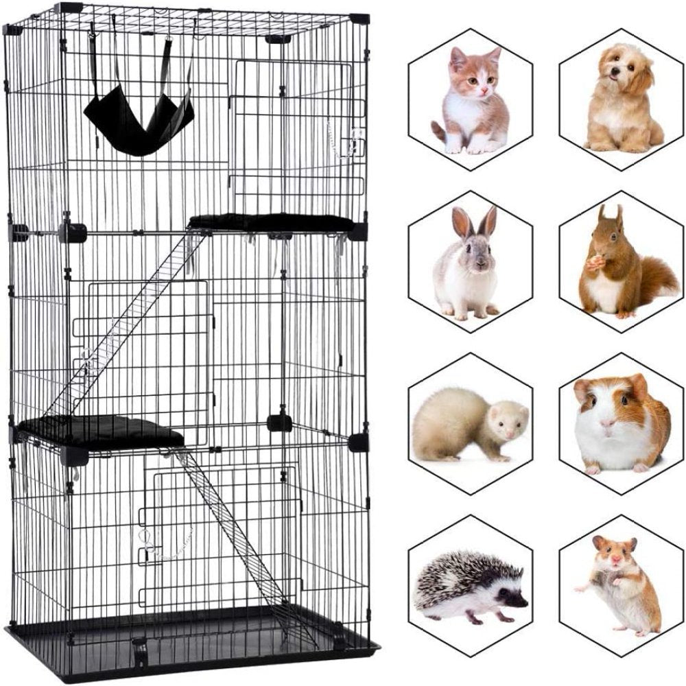 Jaydayon Folding Cat Cage Large Small Animals Crate-Wire Metal Pet Playpen Home with 3 Doors 2 Ramp Laddershammock 2 Resting Mats Bedstray Indoor Outdoor Cat Kennel 67H X 22W X 33L(White)
