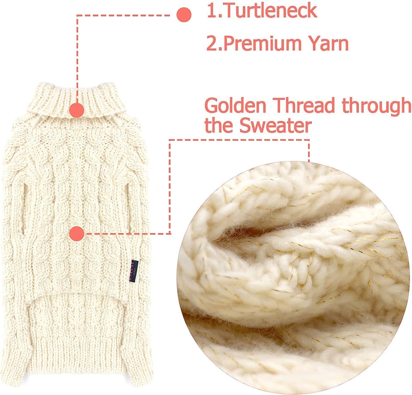 KYEESE Dog Sweaters Beige with Golden Thread Turtleneck Pet Sweater for Cold Weather Animals & Pet Supplies > Pet Supplies > Dog Supplies > Dog Apparel kyeese   