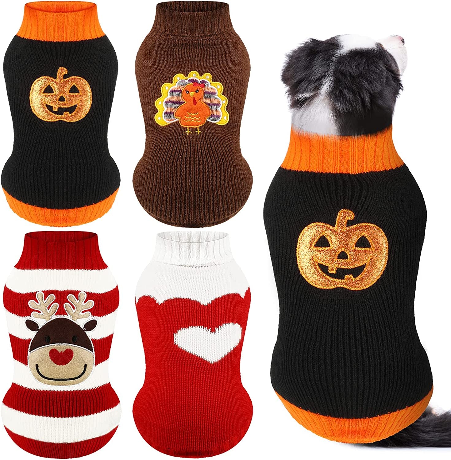 4 Pieces Dog Sweaters Christmas Halloween Dog Holiday Sweaters Puppy Snow Elk Reindeer Snowman Skull Elf Bats Pumpkins Turkey Heart Warm Cosplay Clothes (Cute Pattern, Small) Animals & Pet Supplies > Pet Supplies > Dog Supplies > Dog Apparel Frienda Cute Style Small 