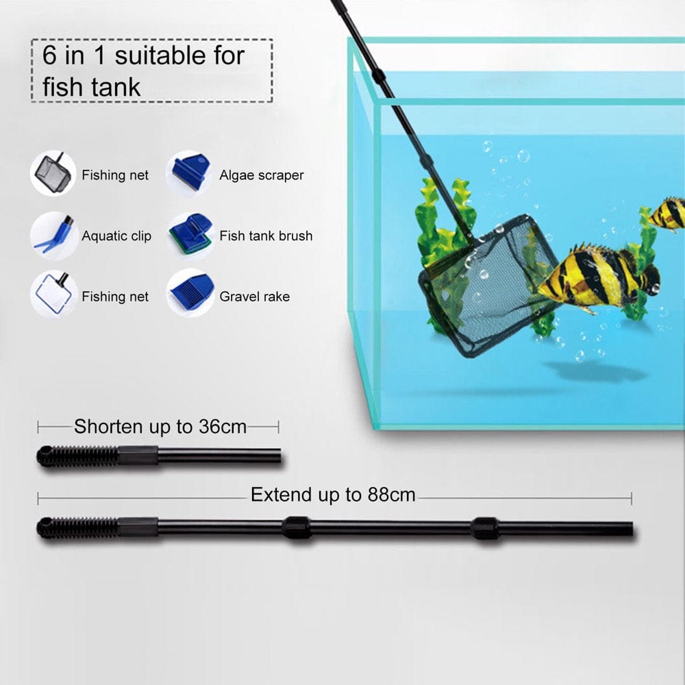 1 Set Aquarium Cleaning Kit with Long Telescopic Handle Algae Scraping 6 in 1 Fish Tank Gravel Waterweed Cleaning Tool Aquarium Supplies