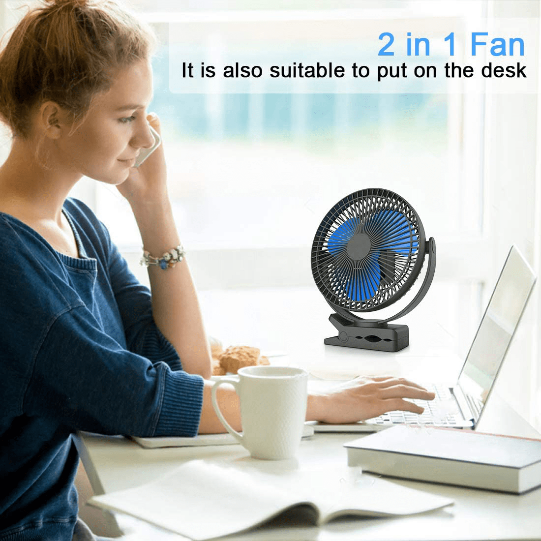 10000Mah Rechargeable Portable Fan, 8-Inch Battery Operated Clip on Fan, USB Fan, 4 Speeds, Strong Airflow, Sturdy Clamp for Personal Office Desk Golf Car Outdoor Travel Camping Tent Gym Treadmill