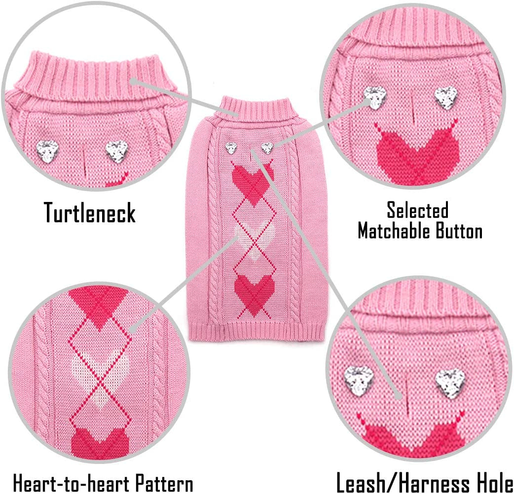 KYEESE Dogs Sweaters Valentine'S Day Pink Heart Pattern with Leash Hole Dog Sweater Knitwear Warm Puppy Sweater Animals & Pet Supplies > Pet Supplies > Dog Supplies > Dog Apparel kyeese   