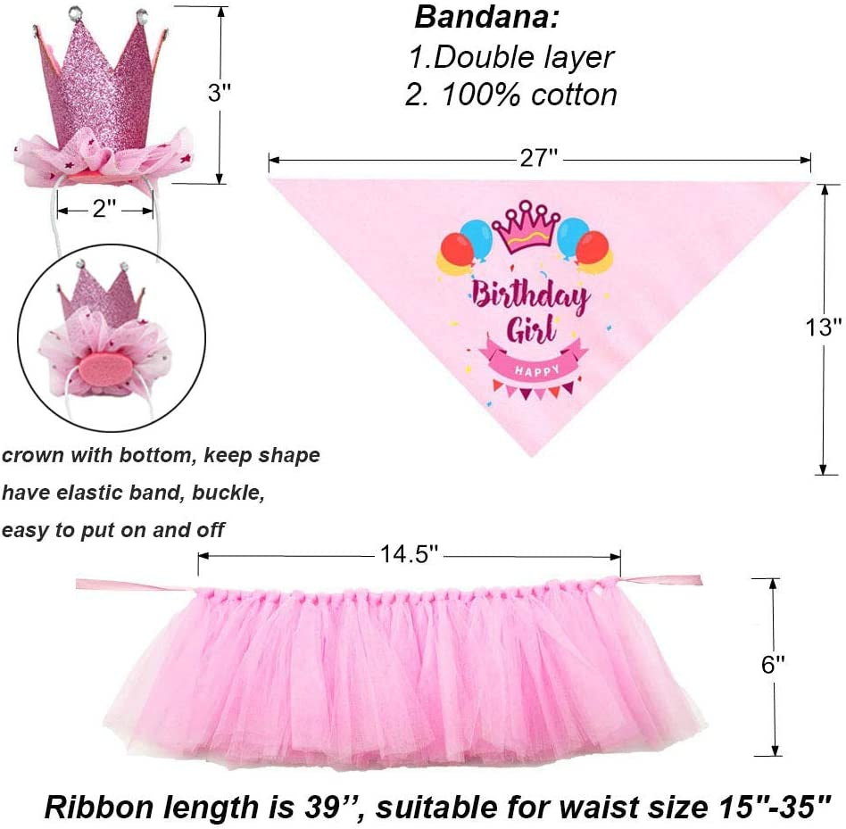 ADOGGYGO Dog Birthday Bandana Girl - Birthday Party Supplies - Pink Tutu Skirt Crown Hat Scarf Happy Birthday Banner Dog Girl Birthday Outfit for Pet Puppy Cat Girl (Pink) Animals & Pet Supplies > Pet Supplies > Dog Supplies > Dog Apparel ADOGGYGO   